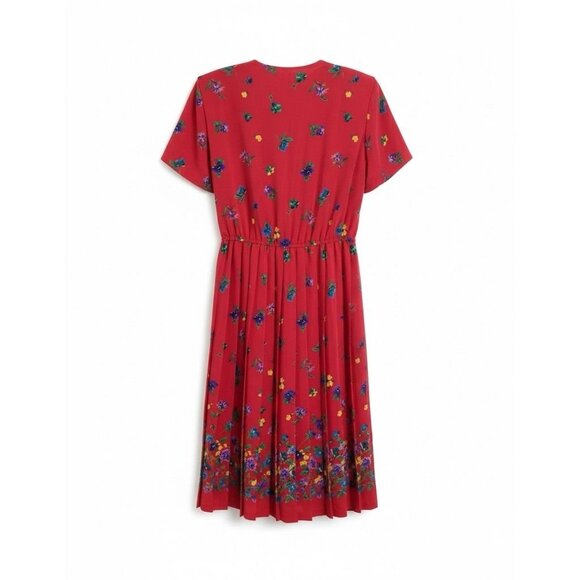 Leslie Fay Petite Vtg Red Purple Floral Belted Pleated Midi Dress Sz 10 Modest - Picture 2 of 10
